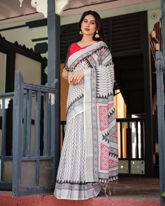 Black and White Geometric Pattern Pure Cotton Linen Saree with Red Accents, Blouse, and Tassel Details-Regular