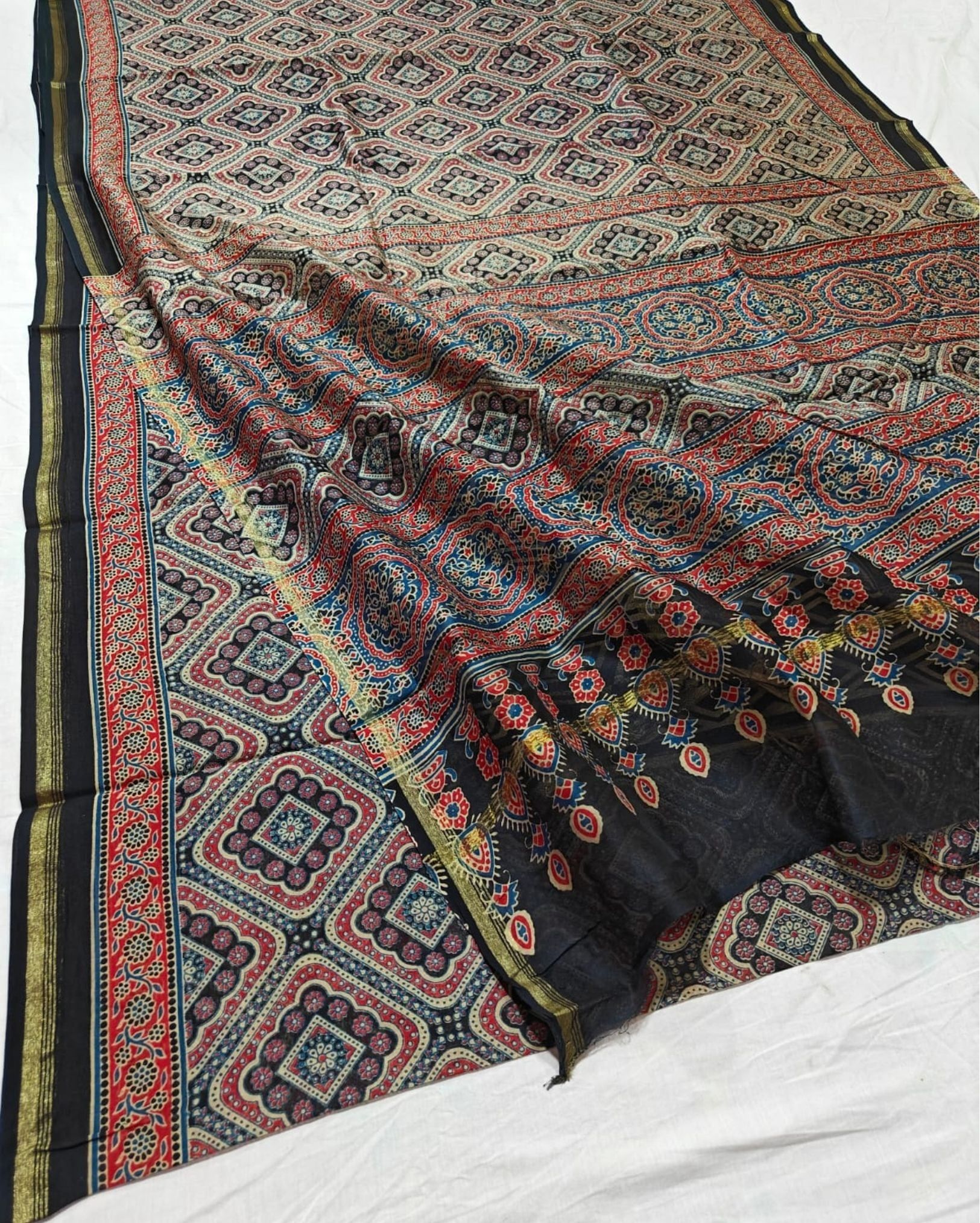 Goonj Chanderi Silk Grim Black Ajrakh Printed Saree
