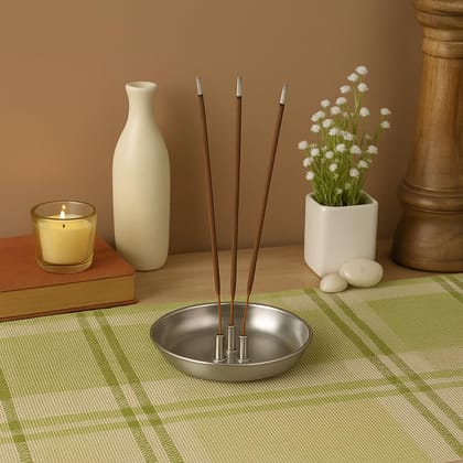 Stainless Steel Agarbatti Stand (Pack of 2) with Ash Catcher Plate � 3 Stick Incense Holder � Decorative Dhoop Stand for Home & Pooja � 3 Inch Diameter � Silver Color
