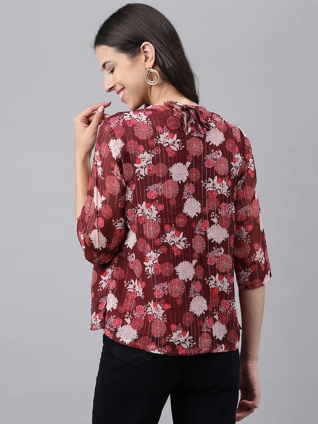Maroon Chiffon Lurex Floral Printed Regular Top