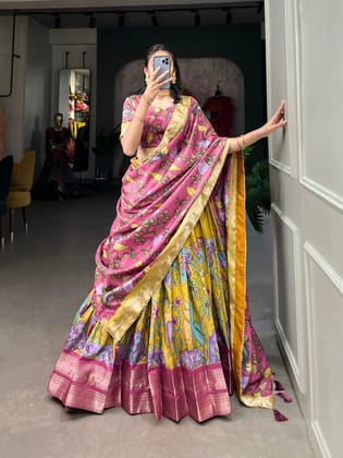 Regal Fuchsia & Golden Mustard Kalamkari Dola Silk Lehenga Set – A Masterpiece of Heritage & Elegance-Free Size