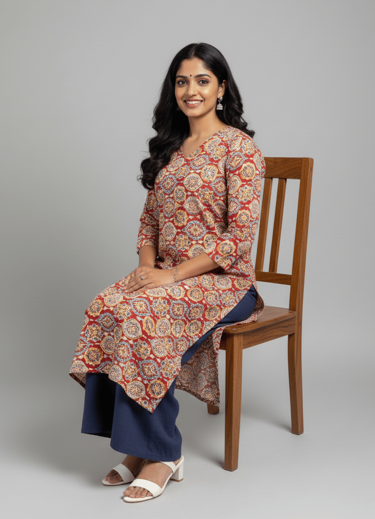 Rivaaj Ethnic Radha Red Straight Kurta (M) | Pure Cotton V-Neck Design | Office & Daily Wear | Vibrant Festive Color