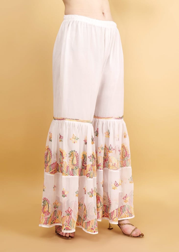 Hand Embroidered Georgette Multi Colored Chkankari Flared Sarara