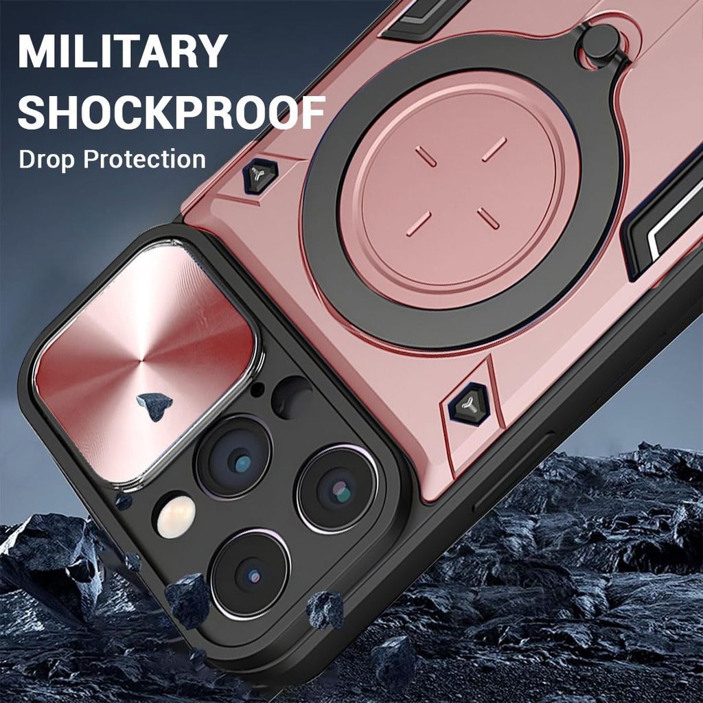 LIRAMARK Case with Apple iPhone 12 ProMax (6.1 inch) with Stand & Slider Camera Military