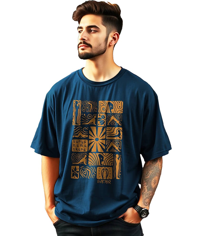 ENITOR Cotton Oversized Fit Printed Half Sleeves Men's Round T-Shirt - Teal Blue ( Pack of 1 )