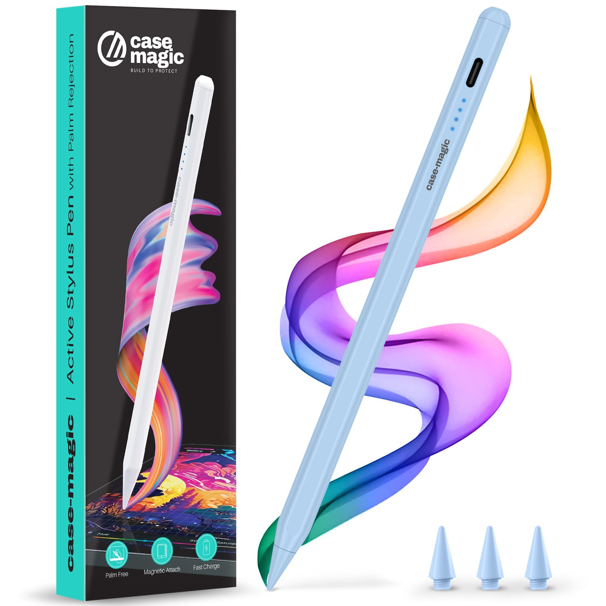 Case-Magic iPad Pencil Active Stylus Pen with Palm Rejection,Tilt Sensor, High Precision Tip| for iPad 2018-2025 iPad(6/7/8/9/10) Air(3/4/5/M2) Pro 11"(1/2/3/4) Pro 12.9"(3/4/5/6/M4) Mini (6/5)(Blue) Case-Magic iPad Pencil Active Stylus Pen with Palm Rej
