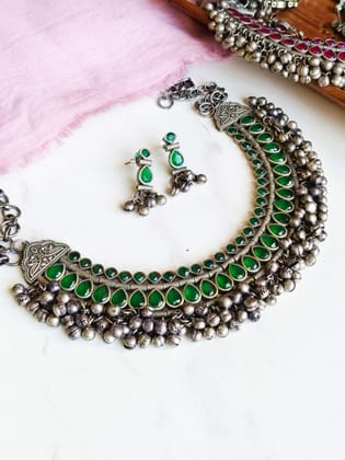 Oxidised Ghungroo  Navratri Necklace Set | Sarichka Fashion-Green