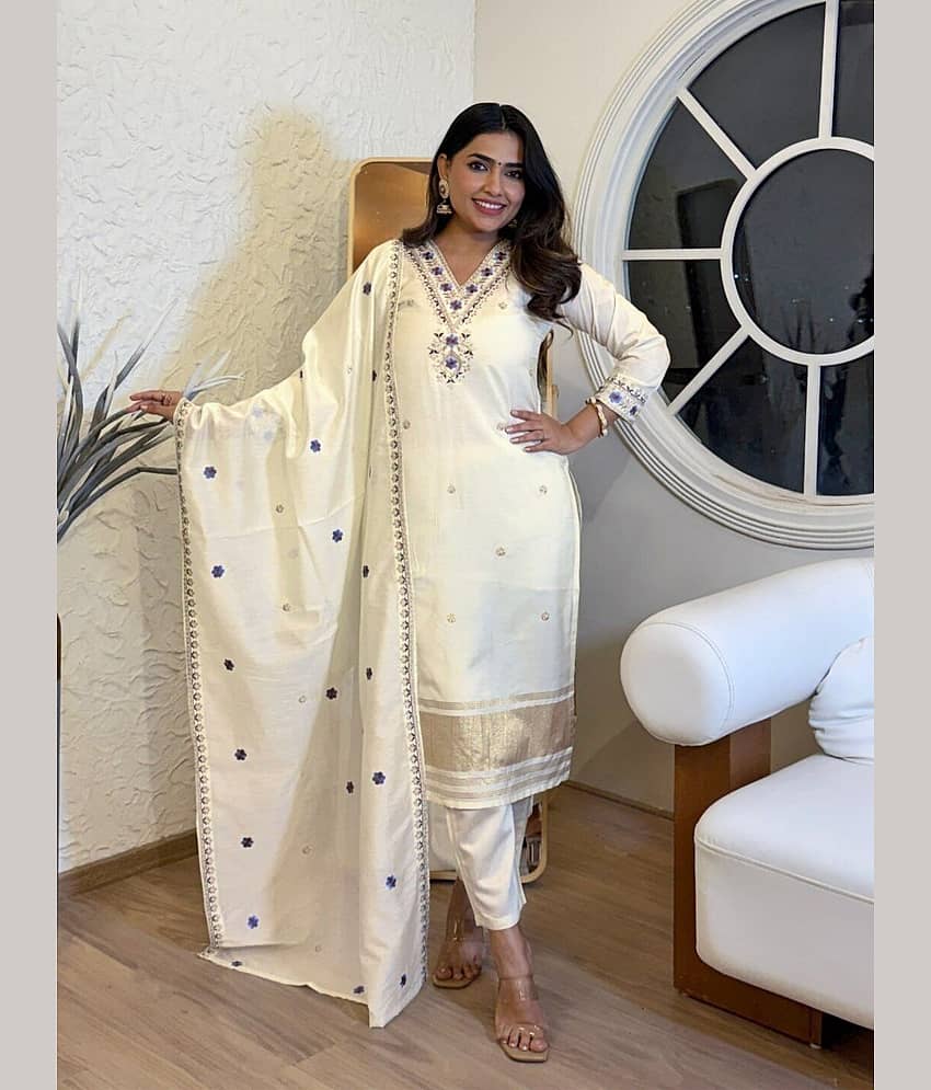 TRAHIMAM Women Viscose Embroidered Straight Kurti With Pants ( White )