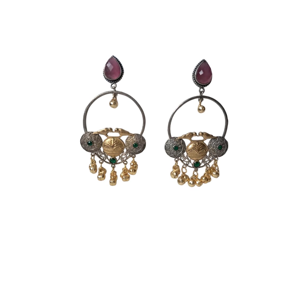 Anvaya Collections Traditional Hoop Earrings, pink Stone and Gold Ghungroo, Oxidised Silver Design