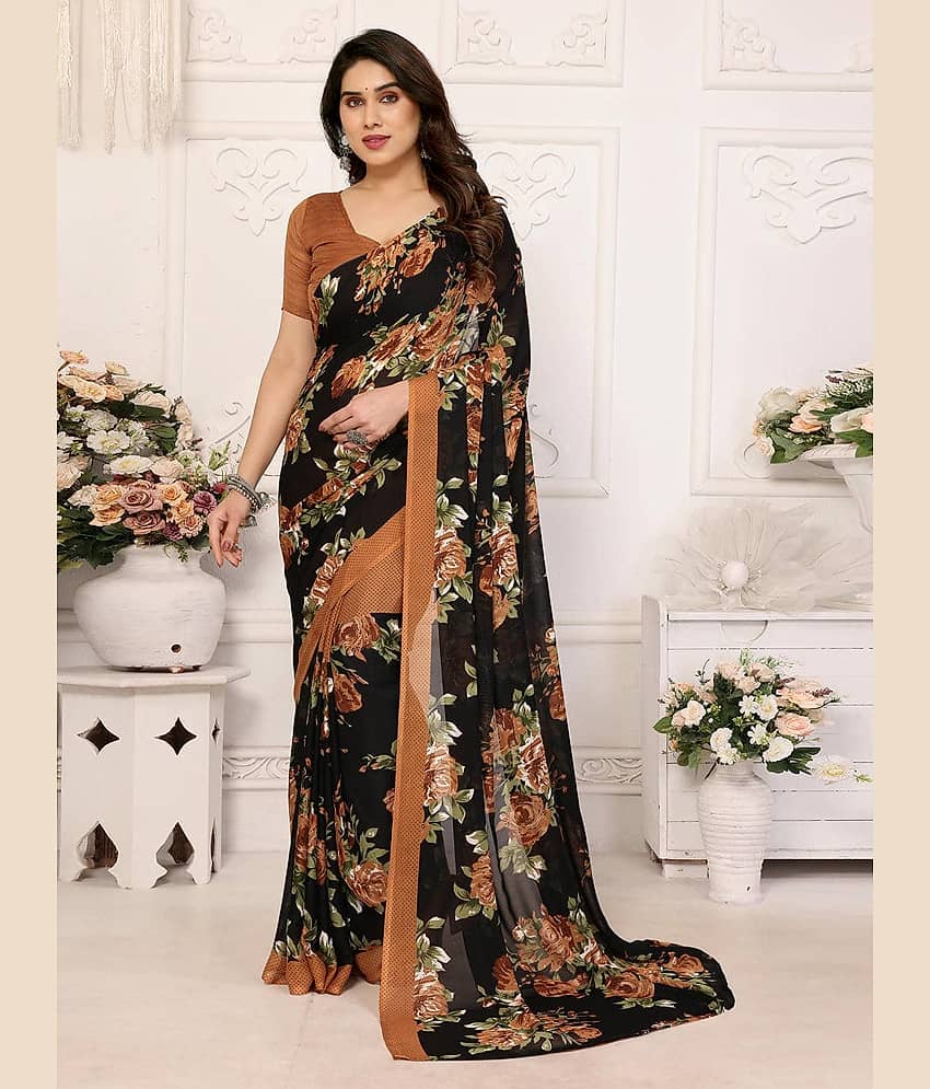 TTH Georgette Printed Regular Saree With Unstitched Blouse Piece ( Olive )