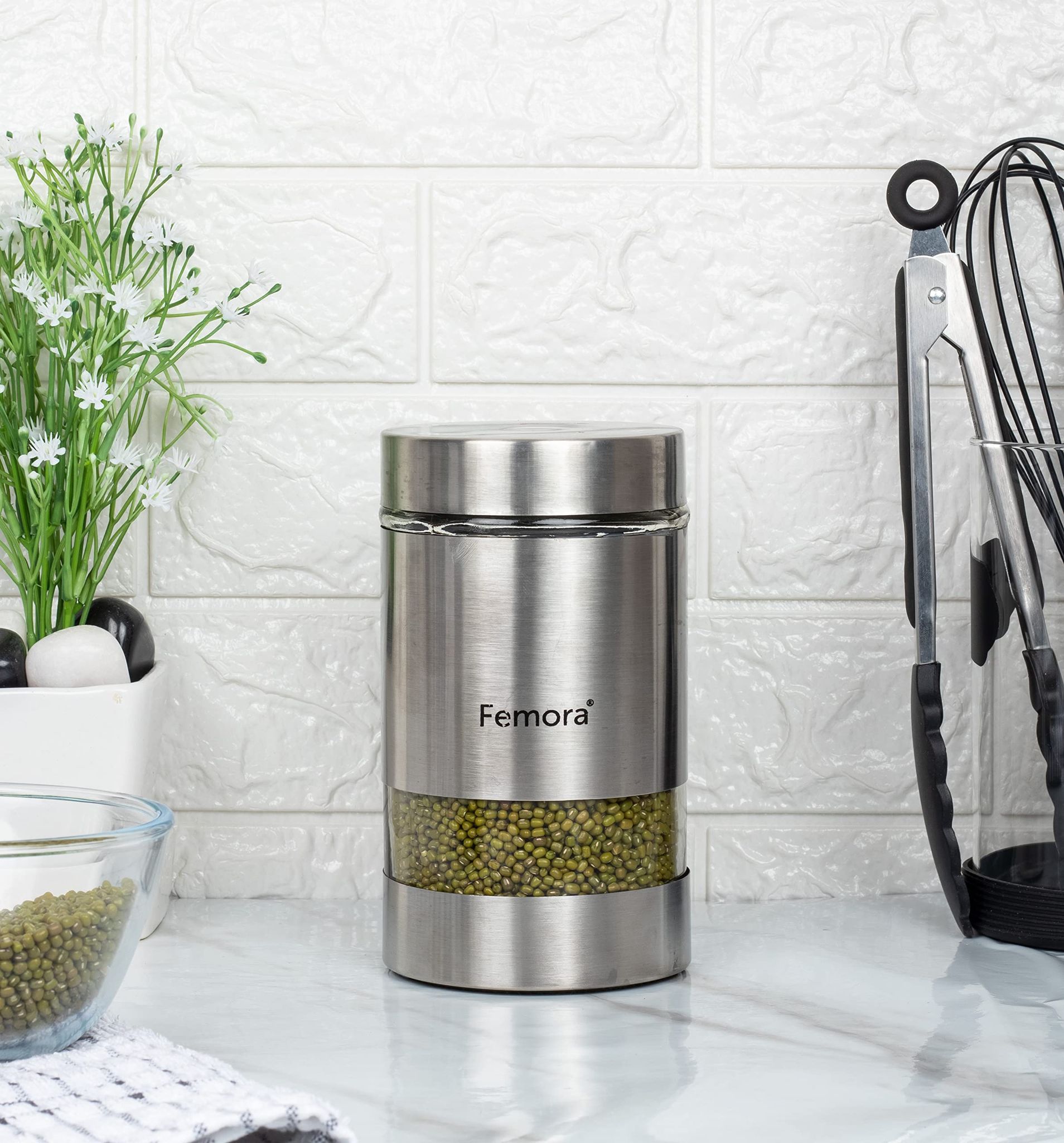 Femora Metallic Clear Glass Kitchen Storage Jars, 1000 ml, Free Replacement of Lids