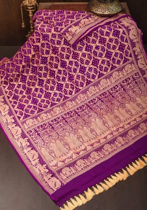 Purple Authentic Hand Bandhej Banarasi Silk Georgette Saree with Shikaargah Jaal and Palki Borders | SILK MARK CERTIFIED