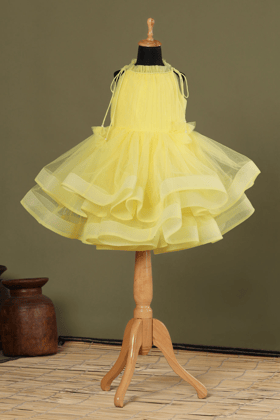 Yellow Net Shoulder Tie Dress-6-12 months