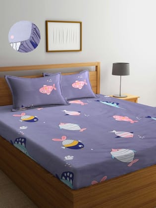 Grey & Navy Blue Cartoon Characters 300 TC King Bedsheet with 2 Pillow Covers