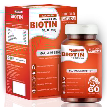 The Old Natural Biotin 10000mcg Enhanced Hair, Skin & Nails Health Veg Tablets for Radiant Beauty & Vitality (60 Tablets) (Pack of 1)