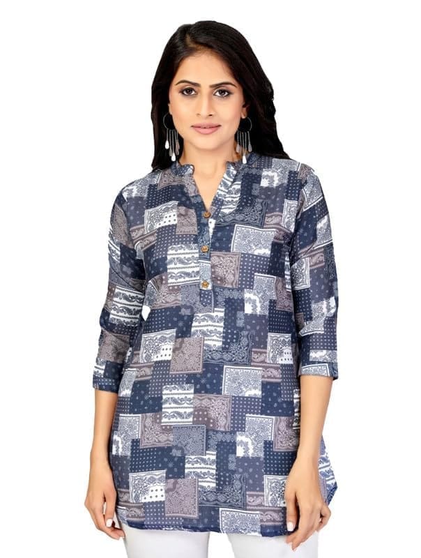 Women's Cotton Blend Mandarin Collar 3/4 Sleeves Short Top (NavyBlue, L)-PID56271