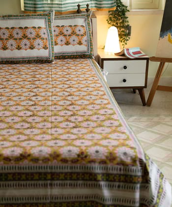 White yellow all over block print cotton double bed bedsheet