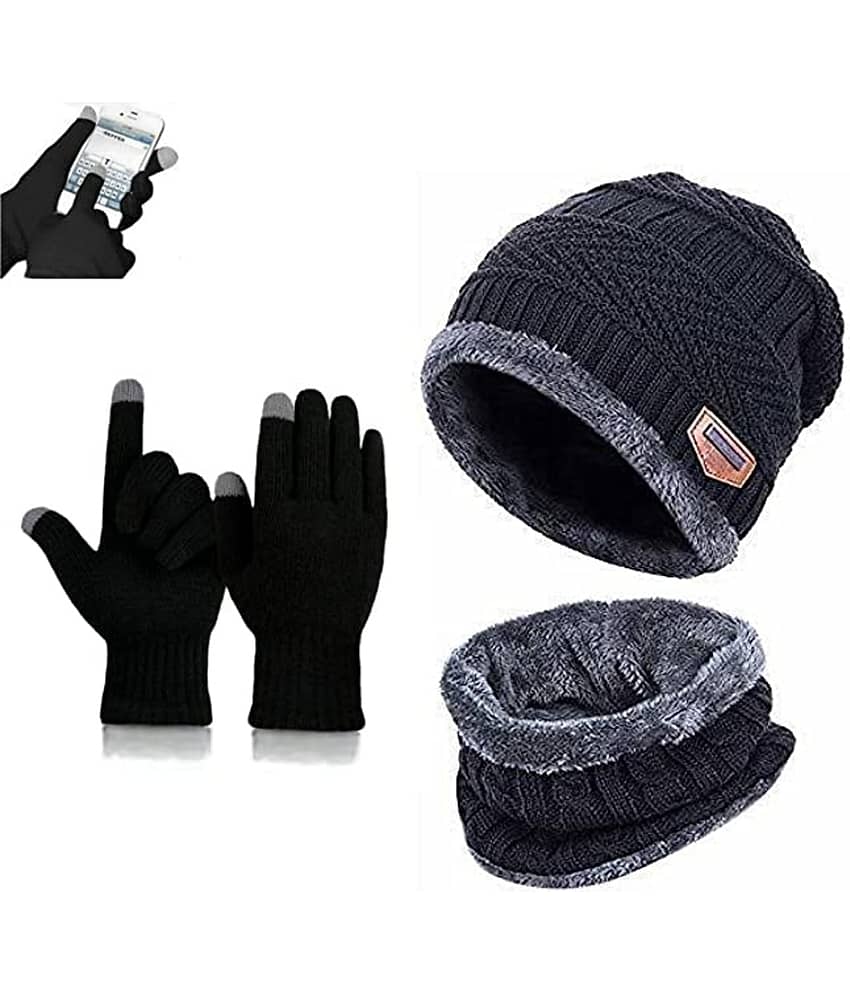 BAYEMA Pack of 3 Woollen Men's Cap ( Black )
