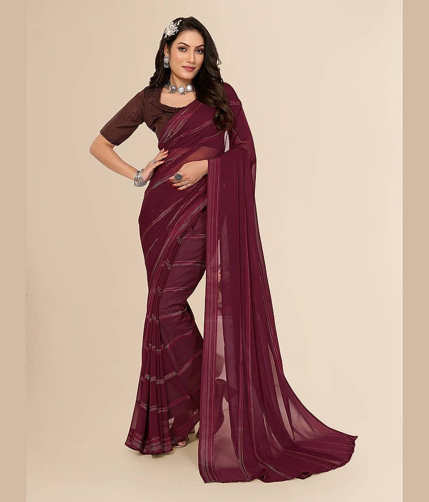 ANAND SAREES Satin Striped Saree With Unstitched Blouse Piece ( Maroon )
