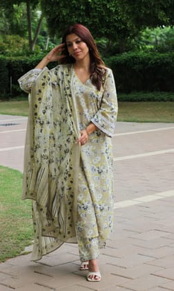 Cotton Bloom Story Beige Suit Set with Printed Dupatta-XXS