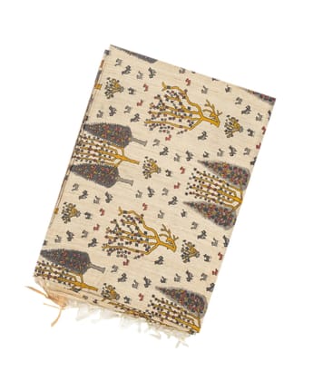 Taupe Handloom Tussar Silk Saree With Yellow Printed Motifs-Taupe