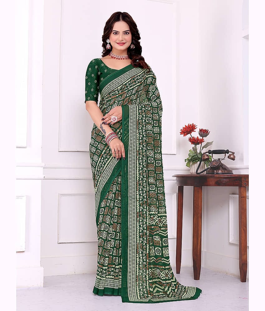 Kanooda Prints Georgette Printed Regular Saree With Unstitched Blouse Piece ( Green )