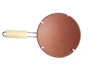Sadhana Craftworks Terracotta Tawa with Wooden Handle, (9 Inches, Red)