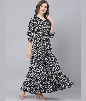 Femvy Women Crepe Printed Fit & Flare Dress ( Black )