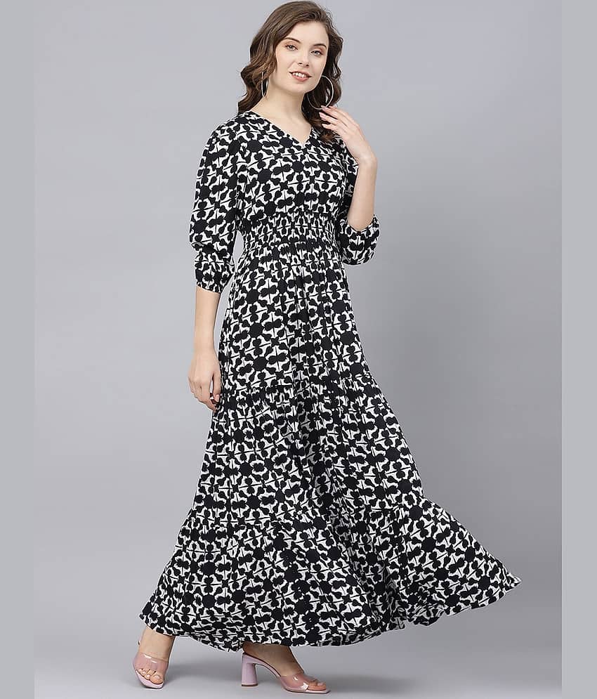 Femvy Women Crepe Printed Fit & Flare Dress ( Black )
