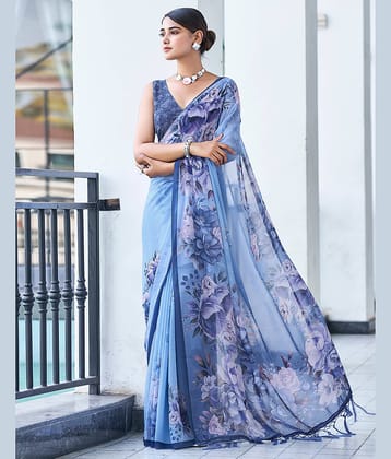 Samah Georgette Printed Saree With Unstitched Blouse Piece ( Blue )