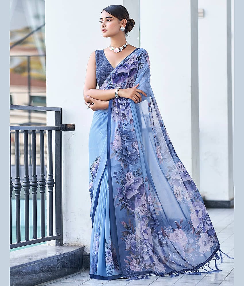 Samah Georgette Printed Saree With Unstitched Blouse Piece ( Blue )