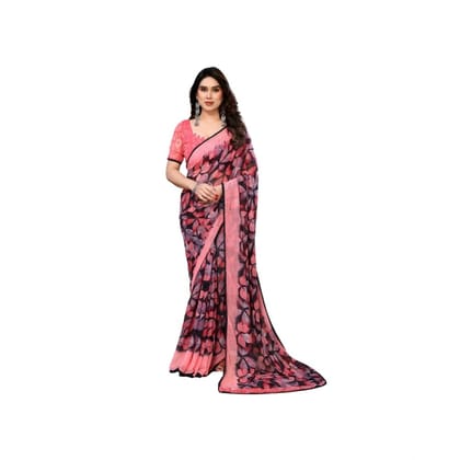 womens chiffon printed saree with unstitched blouse 5mtr pink pid63874