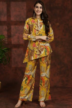 Yellow Floral Printed Chanderi silk Tunic & Palazzo Ethnic Co-ord Set-S