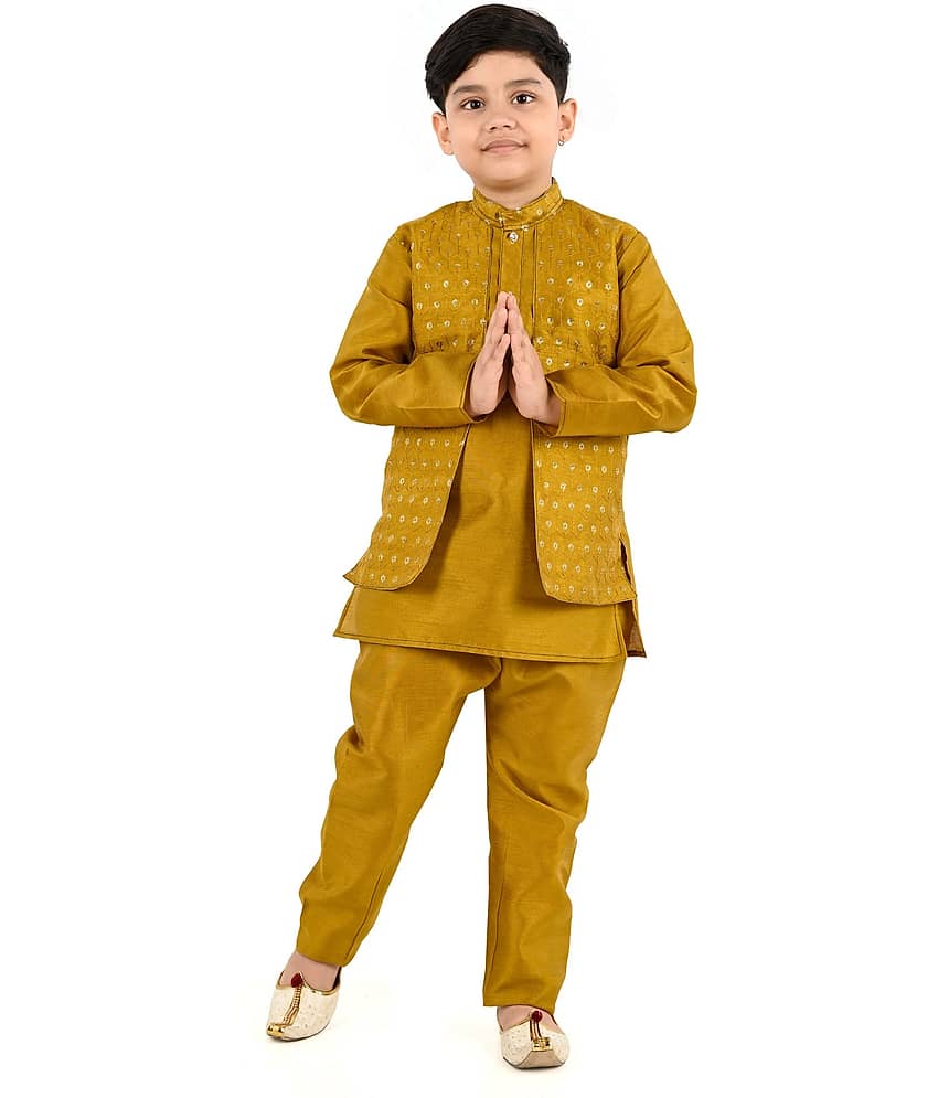 s muktar garments Baby Boys Cotton Ethnic - Pattern Kurta Pyjama Set ( Mustard , Pack of 1 )