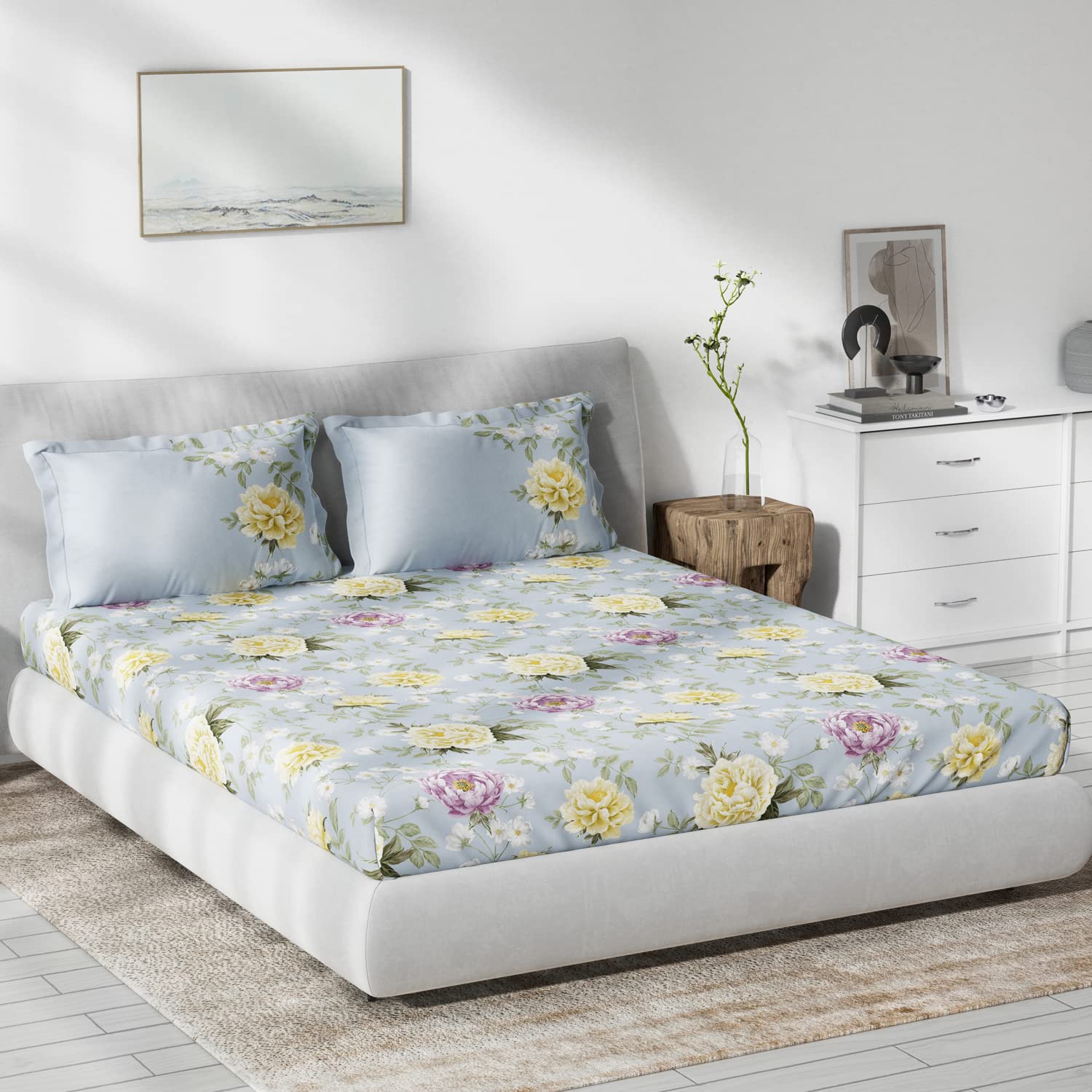 DDECOR - Primary Collection 100% Cotton Floral Pattern 136TC King Bedsheet |229 CM X 274 CM| with 2 Pillow Covers - Blue