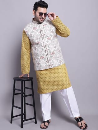 Men's Cotton Linen Mustard Kurta and White Pyjama With Cream Cotton Nehrujacket-44