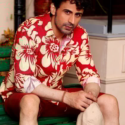 Hibiscus Print Red Causal Pure linen Full Shirt (Size - S) by BLUE EAGLE