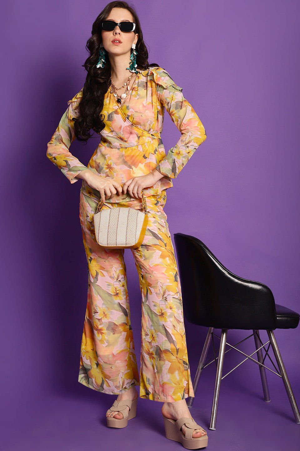 Yellow Floral Printed Georgette Top With Palazzo Co-ord Set-s
