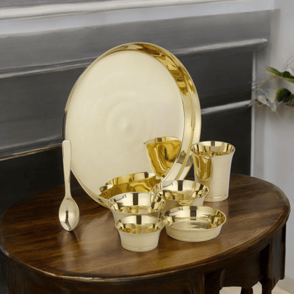 Pure Bronze Unique Shine Thali Set 7 Pieces Durable Modern Design