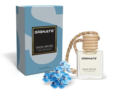 Signate Car Perfume with Natural Fragrance Essential Oils | Car Air Fresheners Long Lasting Upto 90 Days | Hanging Pod in Glass Bottle with Wooden Diffuser Lid  15ml (Snow Orchid)