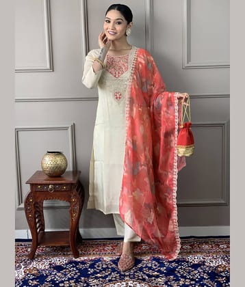 piludi Women's Chanderi Embroidered Kurti With Pants ( Off White )