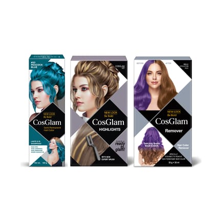 COSGLAM Combo Pack, Semi Permanent Hair Color Peacock Blue 120g, Hair Highlighter Kit 115g & Hair Color Remover 70ml