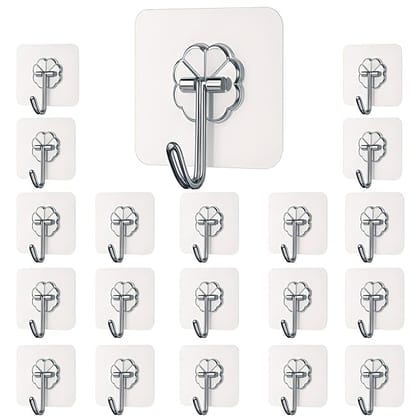 Self Adhesive Wall Hooks - Heavy Duty Wall Hooks for Hanging | Nail Free Sticky Hooks for Wall Heavy Items Without Drilling, Transparent Wall Hanger Hook (20)