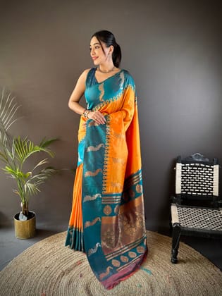 Orange Soft Silk Butti Zari Weaving Banarasi Saree