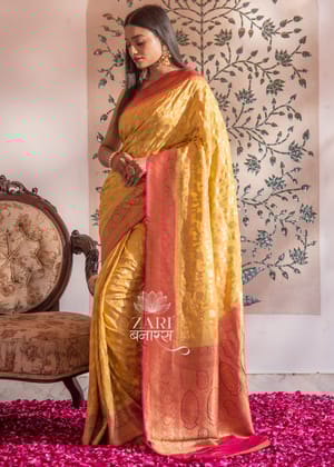 Omya: Floral Khaddi Georgette Handloom Banarasi Saree In The Shades Of Yellow And Red