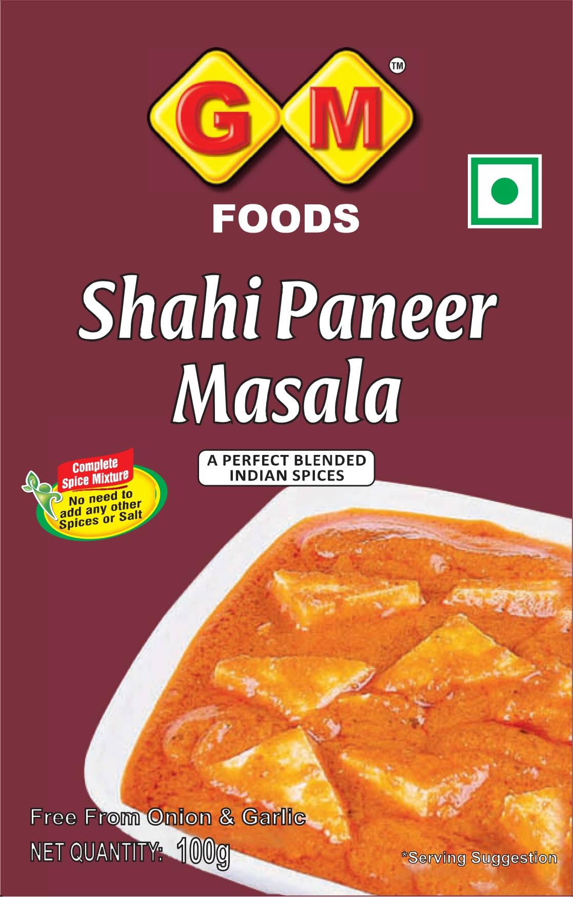 GM Foods Shahi Paneer Masala Powder 100 Gram (PACK OF -1)| Authentic Indian Flavor | Spicy & Aromatic Blend | Add a Royal Touch to Your Paneer | Easy to Cook | Hygienically Packed | No Preservatives