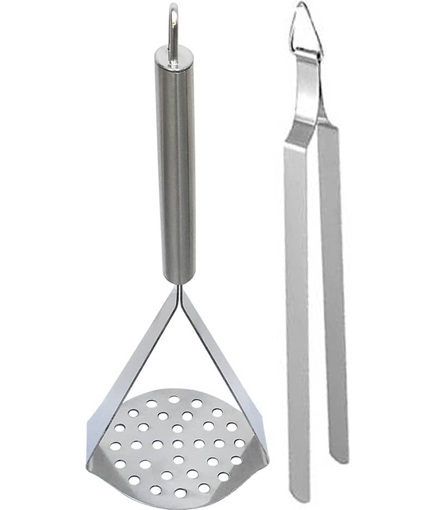 JISUN G6T Stainless Steel Potato Masher/Pav Bhaji masher/ Vegetable Masher and Tong Roti Sekne Chimta Silver Kitchen Tool Set  (Silver)