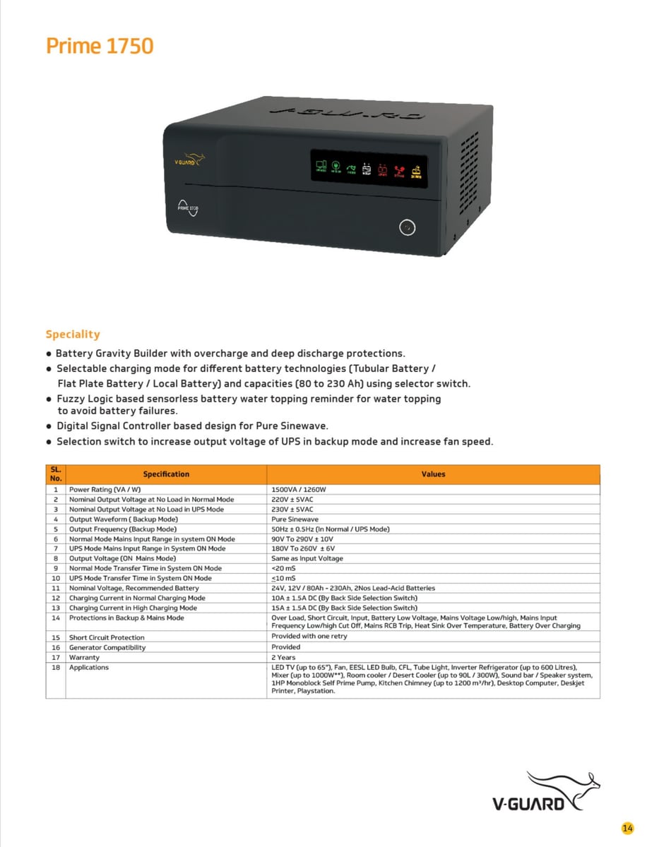V-Guard Prime 1750 Digital Sinewave Inverter | 1500VA / 1260W Power Rating | Advanced Battery Protection