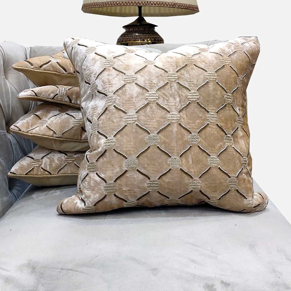 Beige Cushion Cover Geometric Embroidered Stitched Zippered Velvet Cushion Cover | 16X16 Inches | 40cm * 40 cm I Set of 5