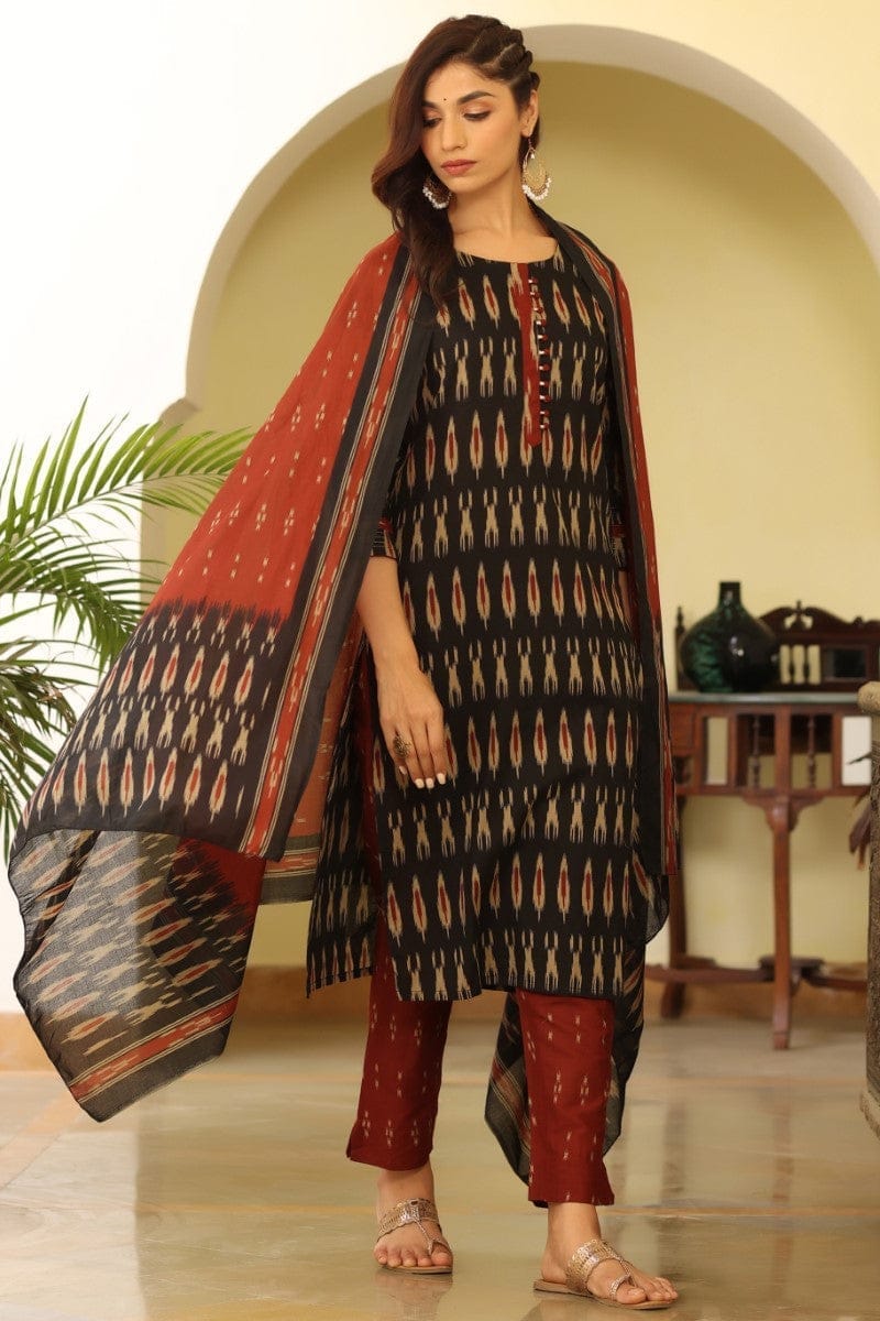 Women Black Ethnic Motifs Printed Panelled Cotton Blend Kurta VKSKD1303